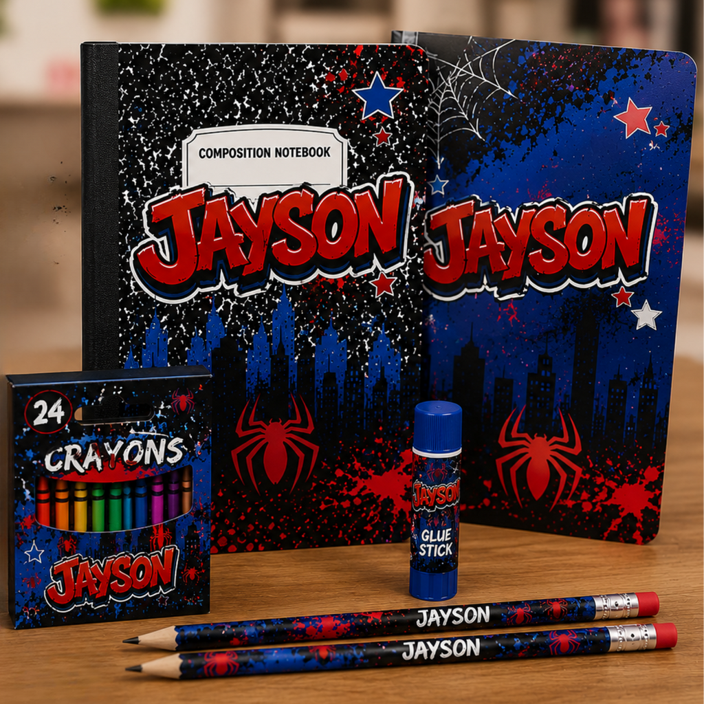 A personalized stationery set featuring a composition notebook, 24 crayons, a glue stick, and two pencils, all customized with the name 'JAYSON' in a red and white comic-style font on a dark blue and black Spider-Man themed background. The items are arranged on a wooden tabletop.